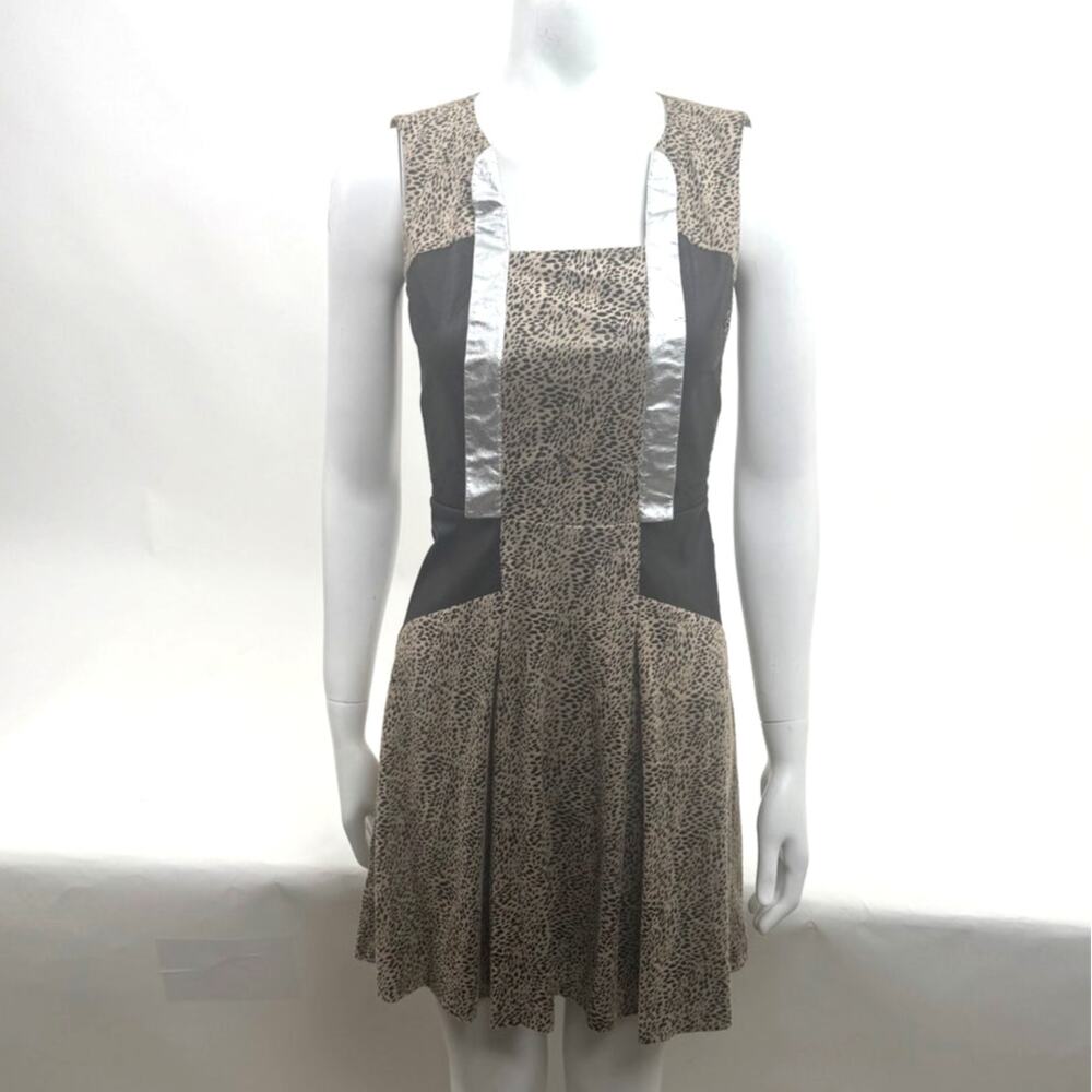Q Leopard Print Black Silver Pleated Sleeveless Dress XS/34